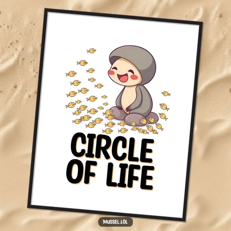 Funny digital art print of a mussel laughing while watching tiny fish swim in a circle, ideal for humorous online decor.