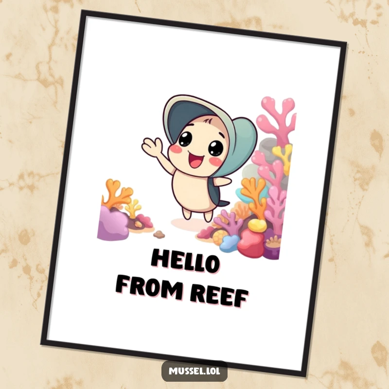 Funny digital art print of a mussel giving a cheerful wave from a colorful coral reef, ideal for humorous online decor.