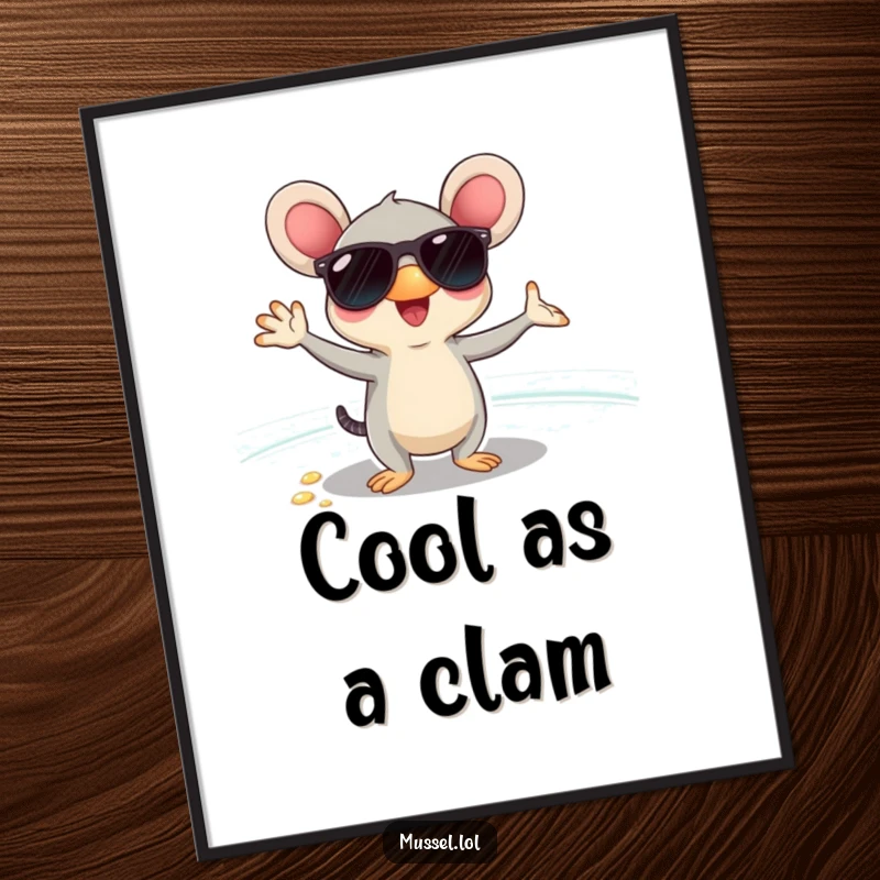 Funny mussel art, wearing sunglasses, posing coolly on a beach, designed for digital download and printing, full of chill.