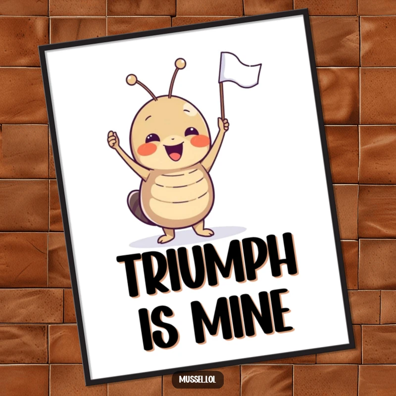 Funny joyful mussel character excitedly waving a tiny flag, downloadable humorous digital art.