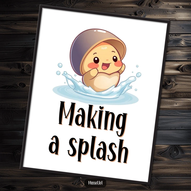 Funny digital art print of a happy mussel character splashing water from its open shell, humorous and downloadable art.