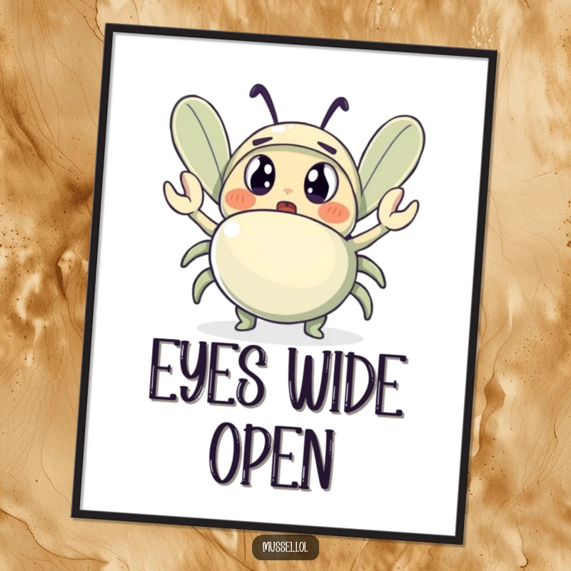 Funny digital art print of a shocked mussel with large eyes, observing a tiny waving crab, humorous and downloadable art.