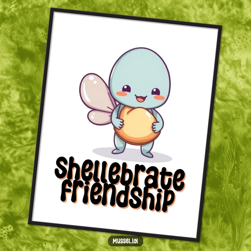 Funny Mussel Digital Art Print of a friendly mussel sharing a shell, bringing humor and charm to digital decor.