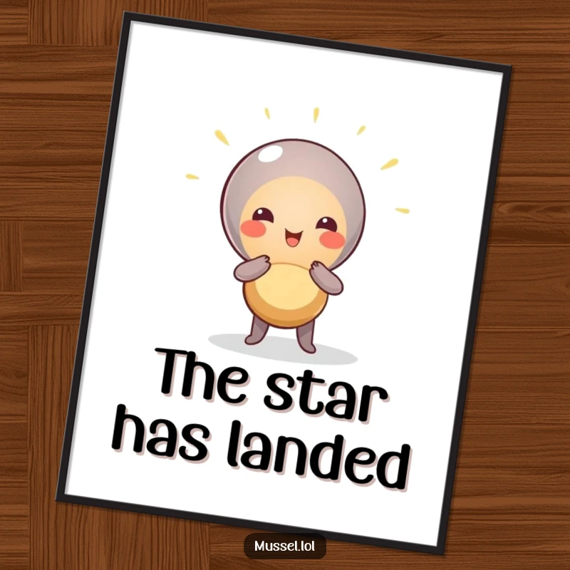 Funny Mussel Drama Art Print: A mussel character dramatically posing under a spotlight, exuding humorous star power and confidence.