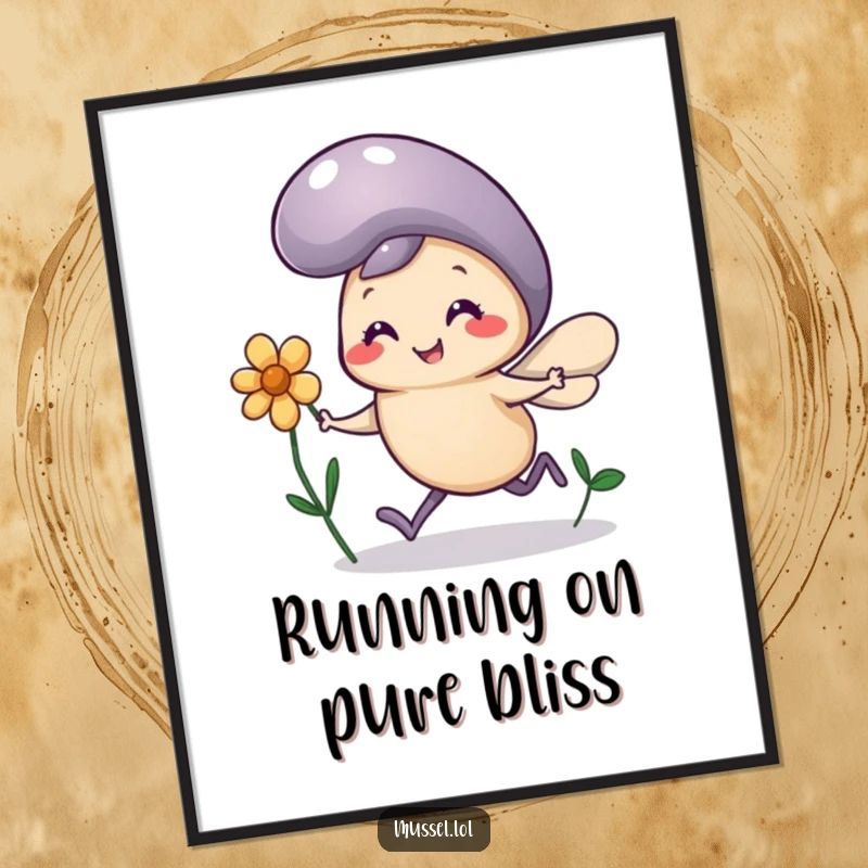 Funny Mussel Flower Digital Art Print: A mussel character with comically tiny legs runs joyfully holding a flower, charming cartoon art.