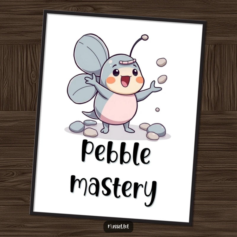 Funny mussel character juggler digital art print, enthusiastically juggling pebbles, full of energy.