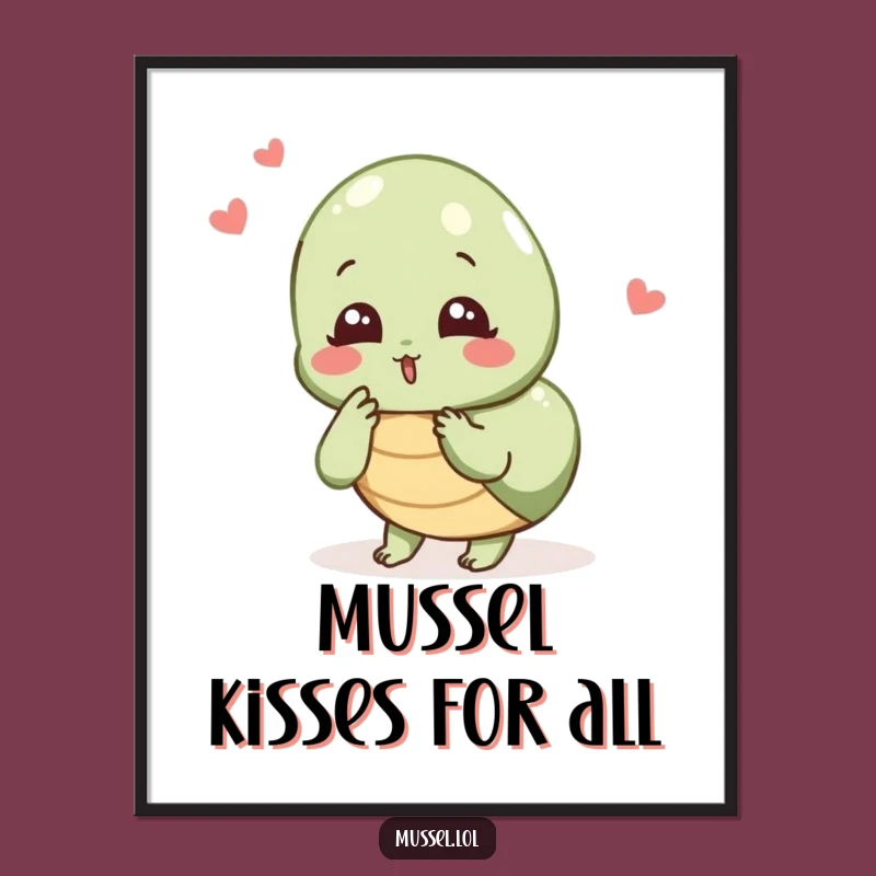 Funny Mussel Kiss Art Print: Adorable Character, Whimsical Humorous Decor Gift