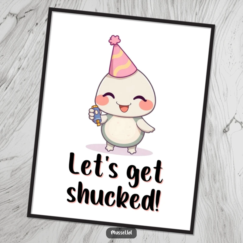 Funny Mussel Digital Art Print of a mussel character in a party hat with a noisemaker, ready to bring festive joy anywhere, a superb funny gift.