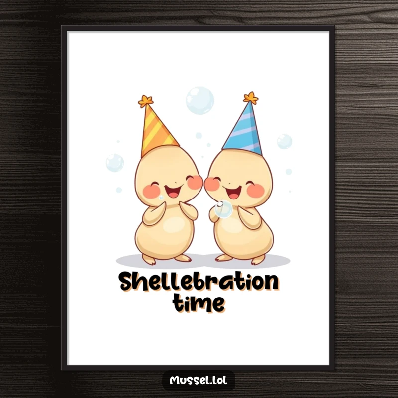 Funny digital art print of two chubby mussels in party hats, holding bubbles and giggling, radiating pure celebratory joy.