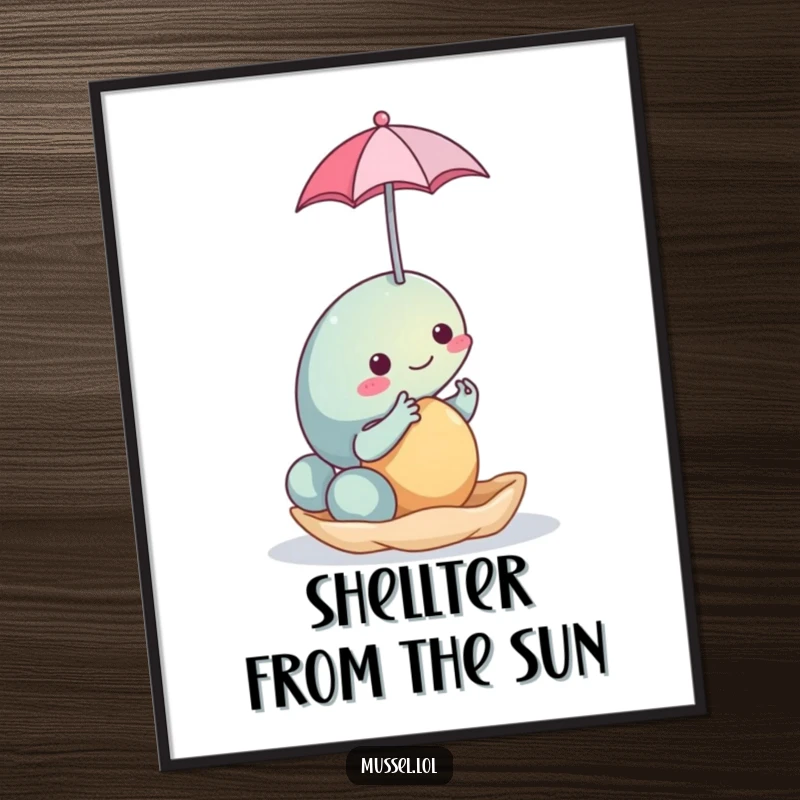 Funny Mussel Umbrella Digital Art Print: A high-resolution image of a mussel character balancing a tiny umbrella, perfect for printable wall art.