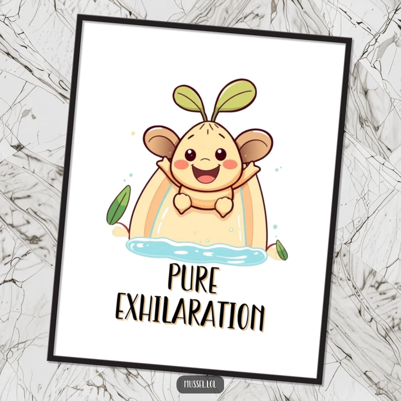 Funny mussel character with a large smile sliding down a water slide, downloadable humorous digital art.