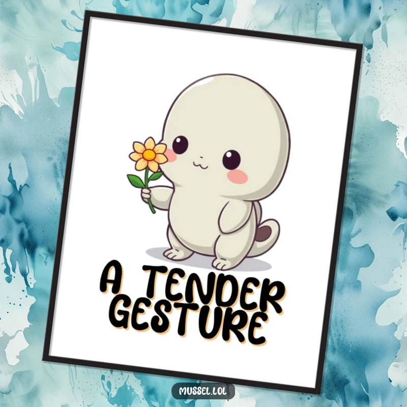 Funny Mussel Digital Art: A high-resolution print of shy mussel offering a flower with a bashful smile, perfect for sweet and funny decor.