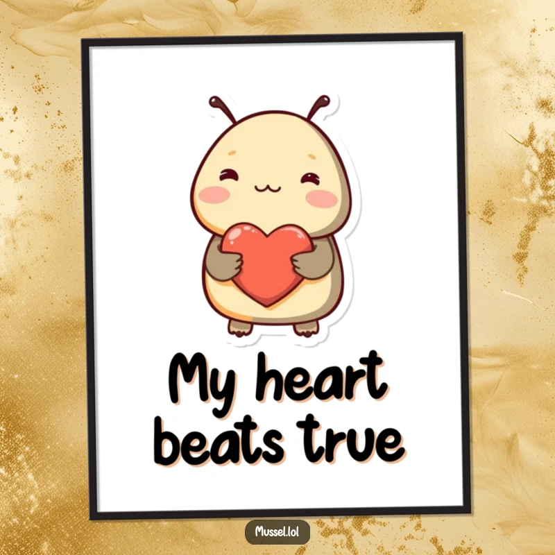 Funny digital art print of a shy mussel blushing and holding a heart, ideal for a humorous and heartwarming wall decoration.