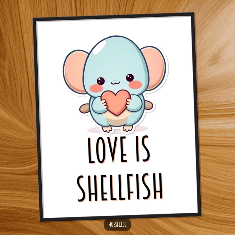 Funny Mussel Digital Art: A shy mussel character shyly offers a small heart, perfect for humorous and affectionate digital or printed decor.
