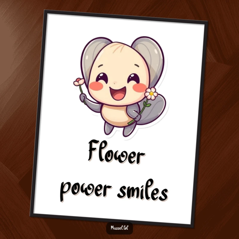 Funny digital art print of a smiling mussel character offering a tiny flower, creating a heartwarming scene.