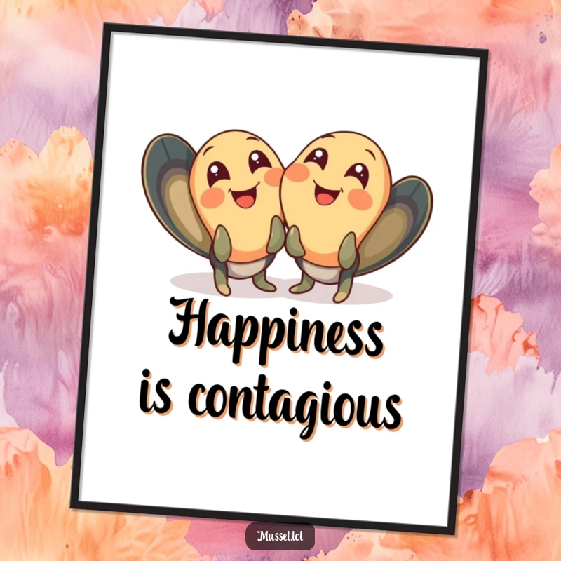 Funny mussel digital art print of two mussels giggling with wide, joyful eyes, ideal for instantly cheerful decor.