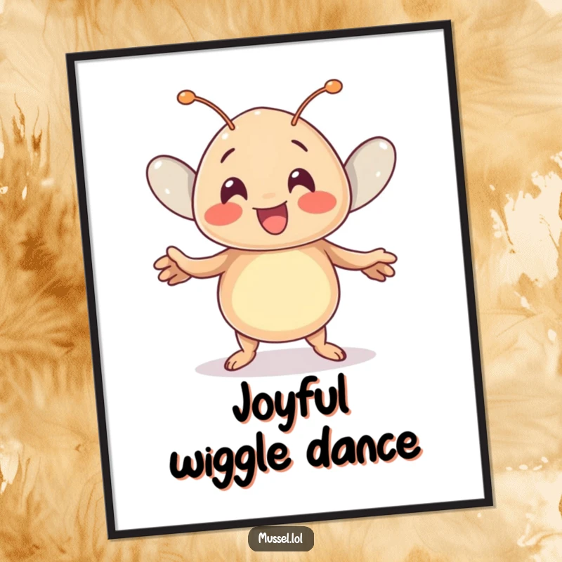 Funny Kawaii Mussel Digital Art Print: A cute mussel character performing a joyful dance creates a humorous and charming piece of art.