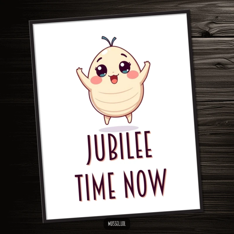 Funny plump mussel character with wide eyes jumping with pure excitement, downloadable humorous digital art.