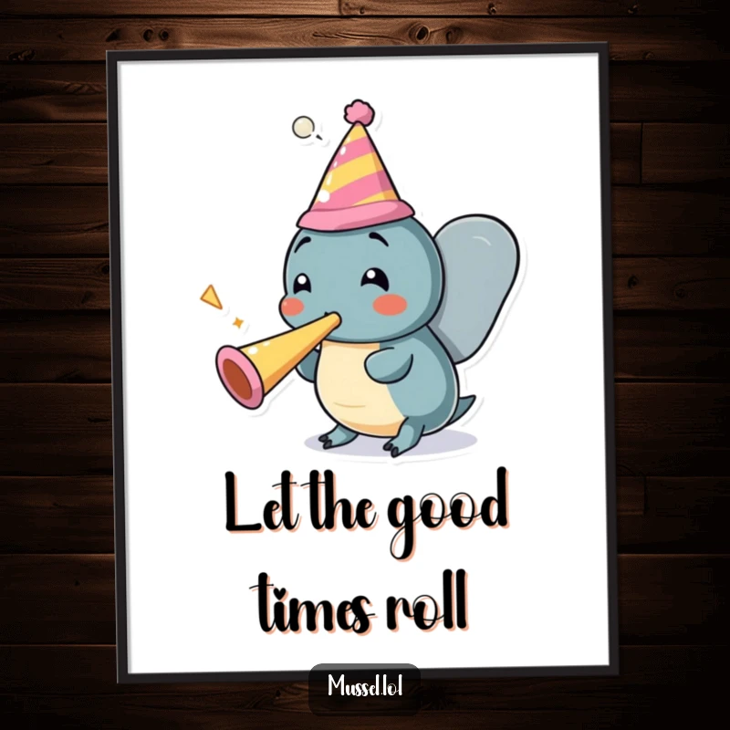 Funny Mussel Party Digital Art Print: A happy mussel character wearing a party hat blows a party horn, festive cartoon art.