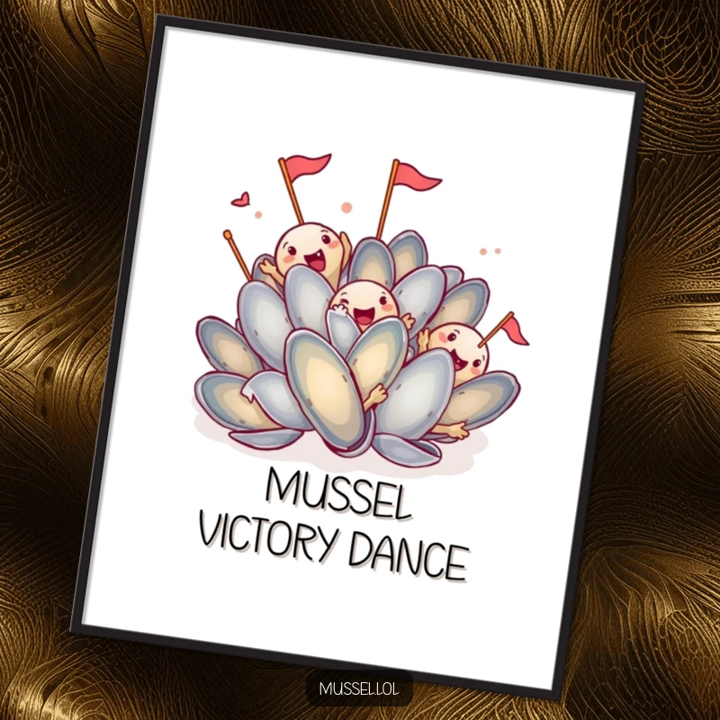 Funny Mussel Dance Art Print: A mussel character doing a silly, energetic dance, bringing lively and humorous vibes to wall decor.
