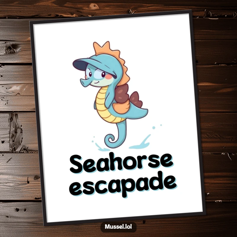 Funny Giggling Mussel Digital Art Print showing a mussel laughing heartily while riding a blue seahorse, ready for immediate display.