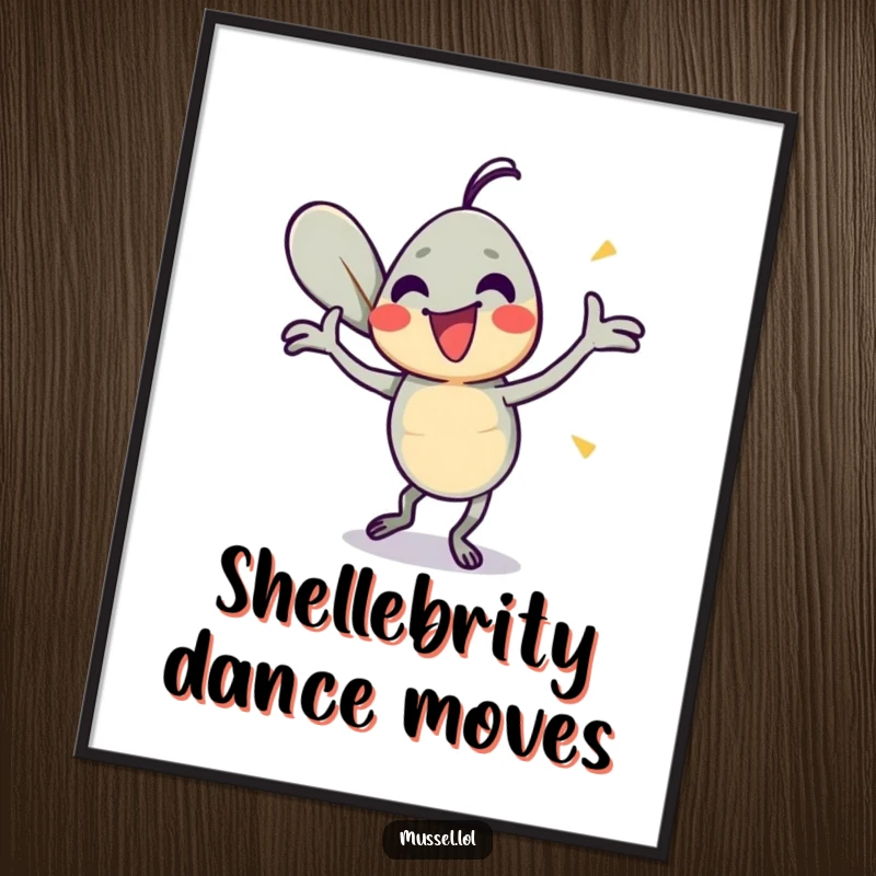 Funny Mussel Dance Art Print: A mussel character doing a silly, energetic dance with its shells, bringing vibrant, humorous energy.