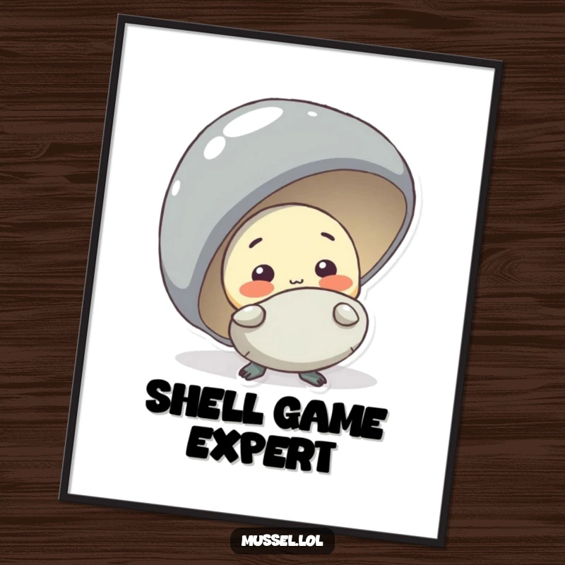 Funny shy mussel character peeking from behind a larger mussel, a digital art print for humorous and charming decor.