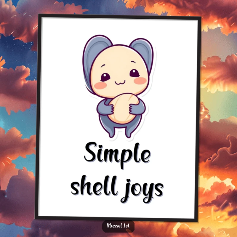 Funny mussel art, with a shy grin, holding a seashell, designed for digital download and printing, full of charm.