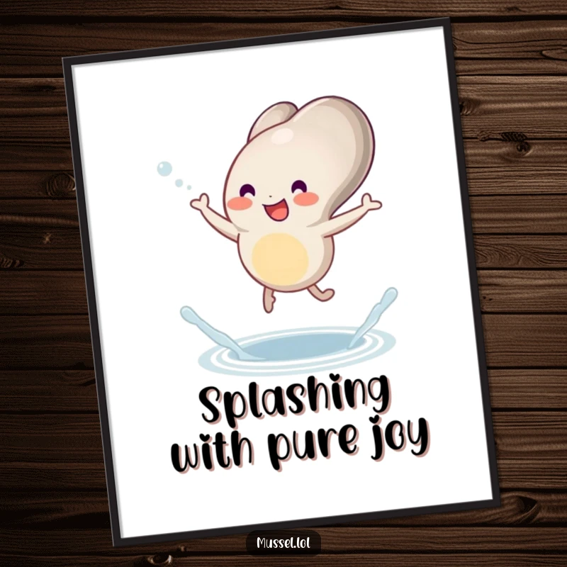 Funny mussel digital art print of a character joyfully dancing with little legs and a tiny splash, ideal for decor.