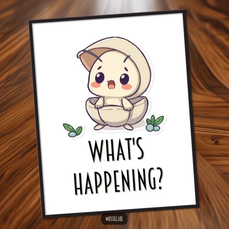 Funny digital art print of a mussel peeking from its shell with a surprised expression, ideal for humorous and relatable wall decoration.