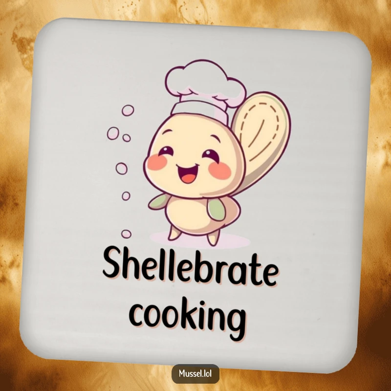 Funny chef mussel in a hat, juggling pearls, as a graphic on protective drink coasters, adding humor to gatherings.