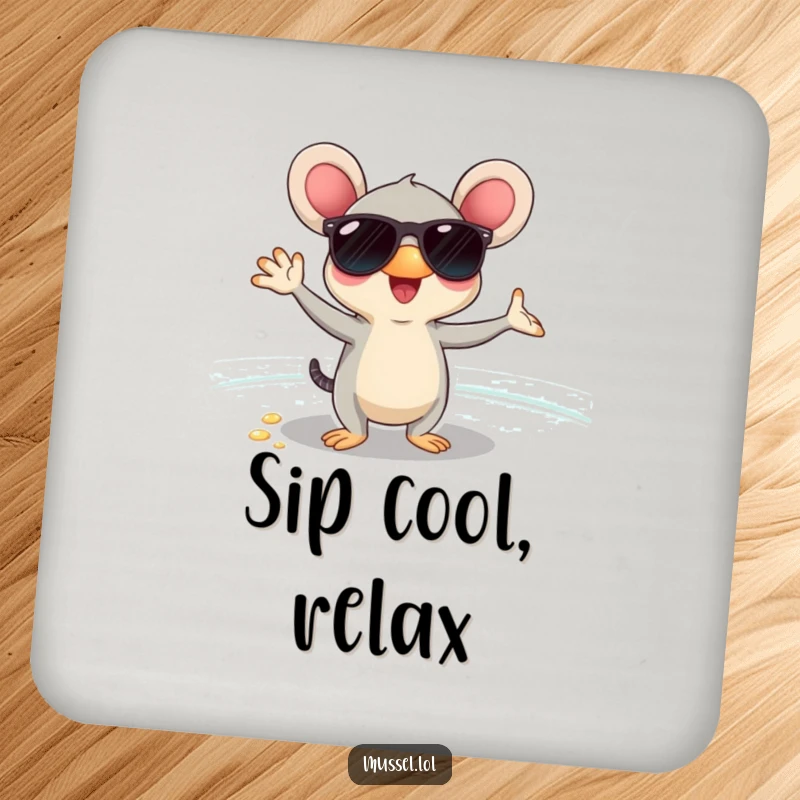Funny mussel in sunglasses, posing coolly on a beach, featured on drink coasters, adding relaxed humor.