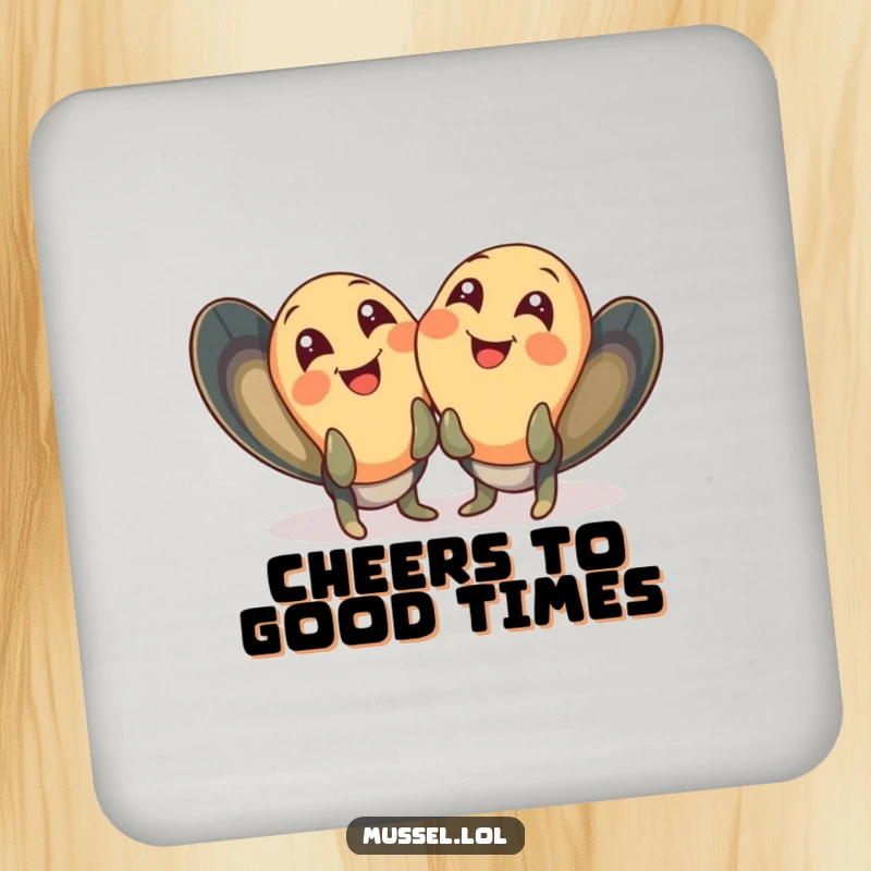 Funny mussel drink coaster with two mussels giggling with wide, joyful eyes, perfect for surface protection and humor.