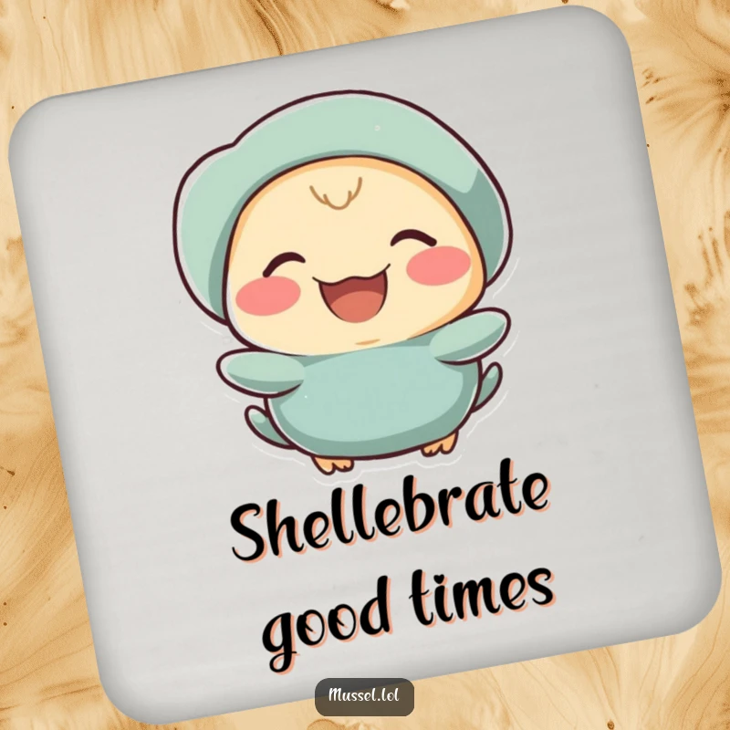 Funny mussel character laughing heartily on a protective drink coaster.