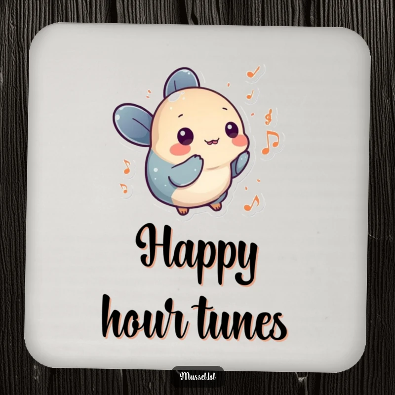 Funny mussel character surrounded by musical notes, depicted on a drink coaster for humorous protection.