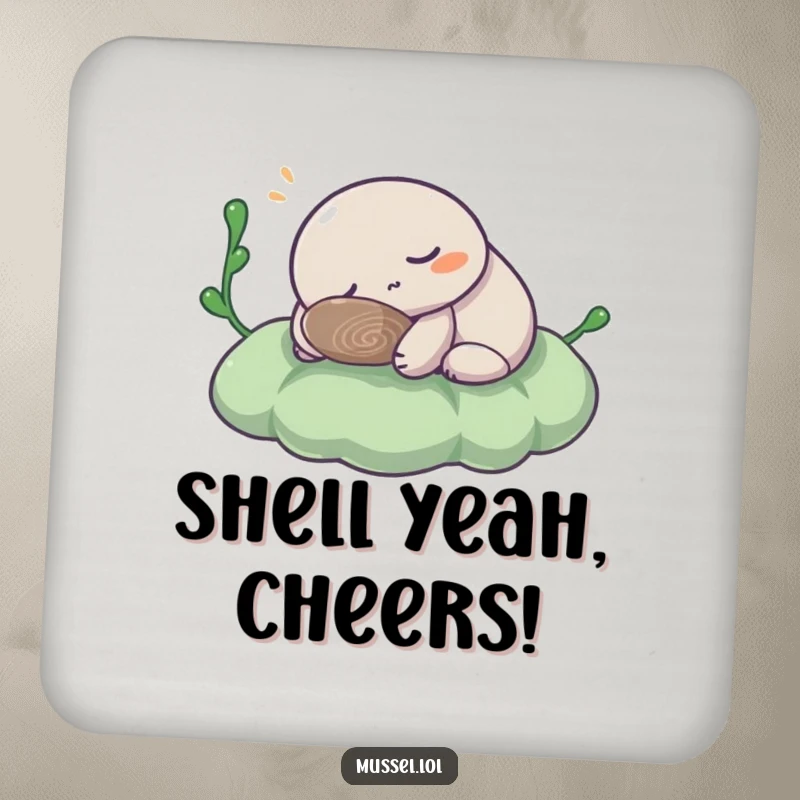 Funny Mussel Coaster: A humorous mussel character napping on seaweed, protecting surfaces while adding a touch of ocean-themed fun.