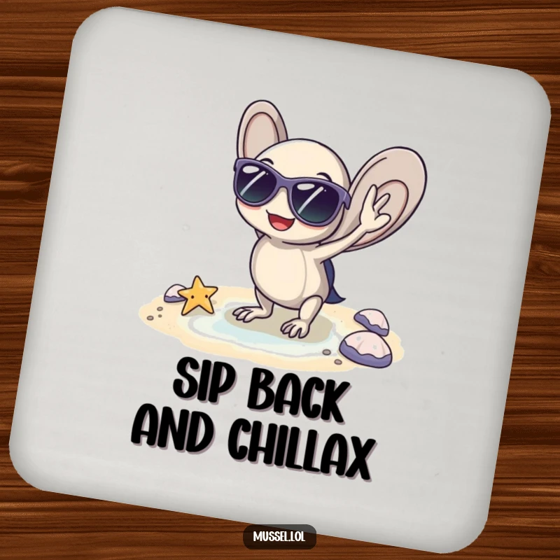 Funny drink coaster featuring a mussel with sunglasses, posing coolly by a tiny beach, protecting surfaces with beach humor, a funny gift.