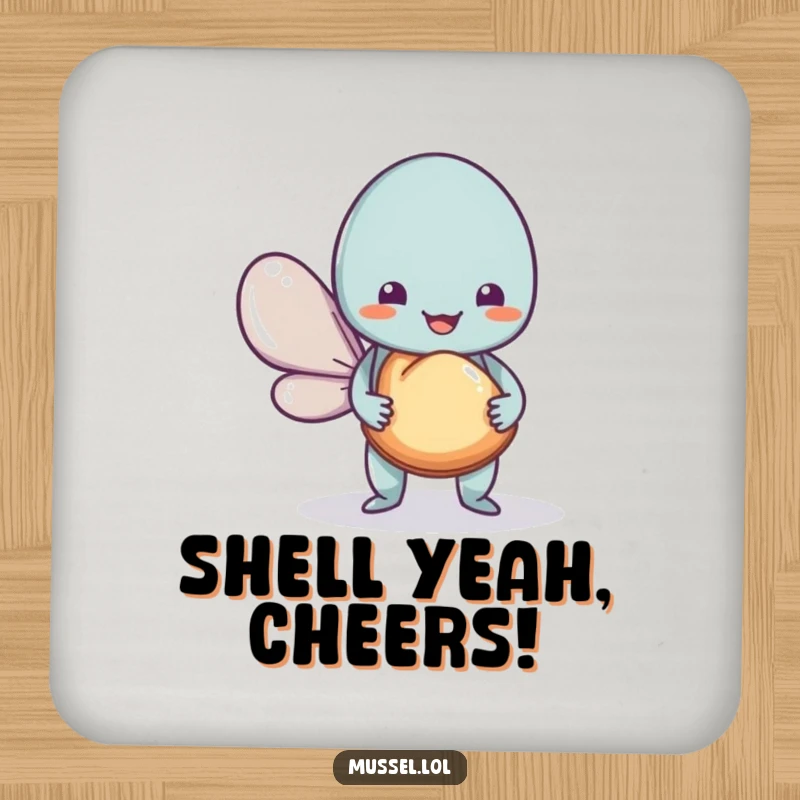 Funny Mussel Coasters showcasing a charming mussel character offering a shell, protecting surfaces with humor, ideal for gifts.