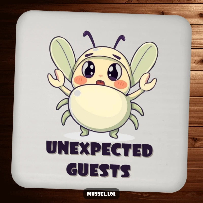 Funny drink coaster featuring a wide-eyed, surprised mussel character and a tiny waving crab, a humorous accessory.