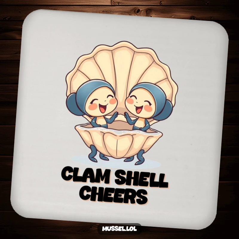 Funny Coaster: Two happy mussel characters giggling in a giant clam shell, adding friendship humor and surface protection.