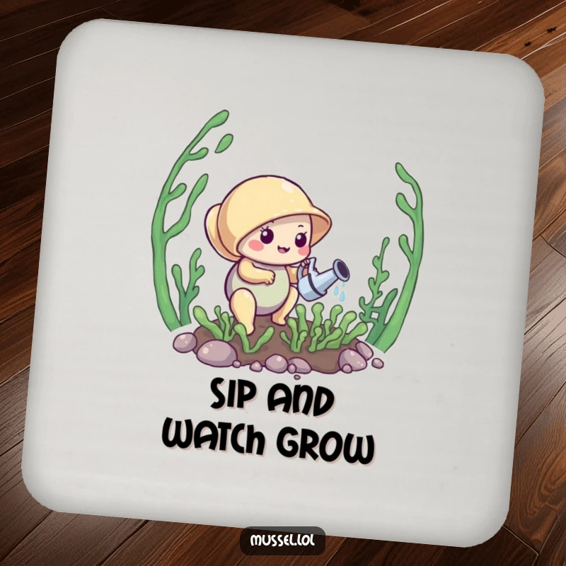 Funny Mussel Coaster: A mussel tending a mini kelp garden, adding a touch of nature and humor to your coasters.