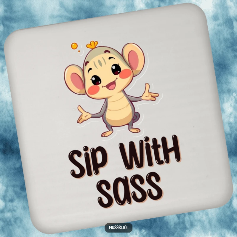 Funny mussel drink coaster showcasing a character striking an exaggerated and humorous pose, perfect for tabletops.