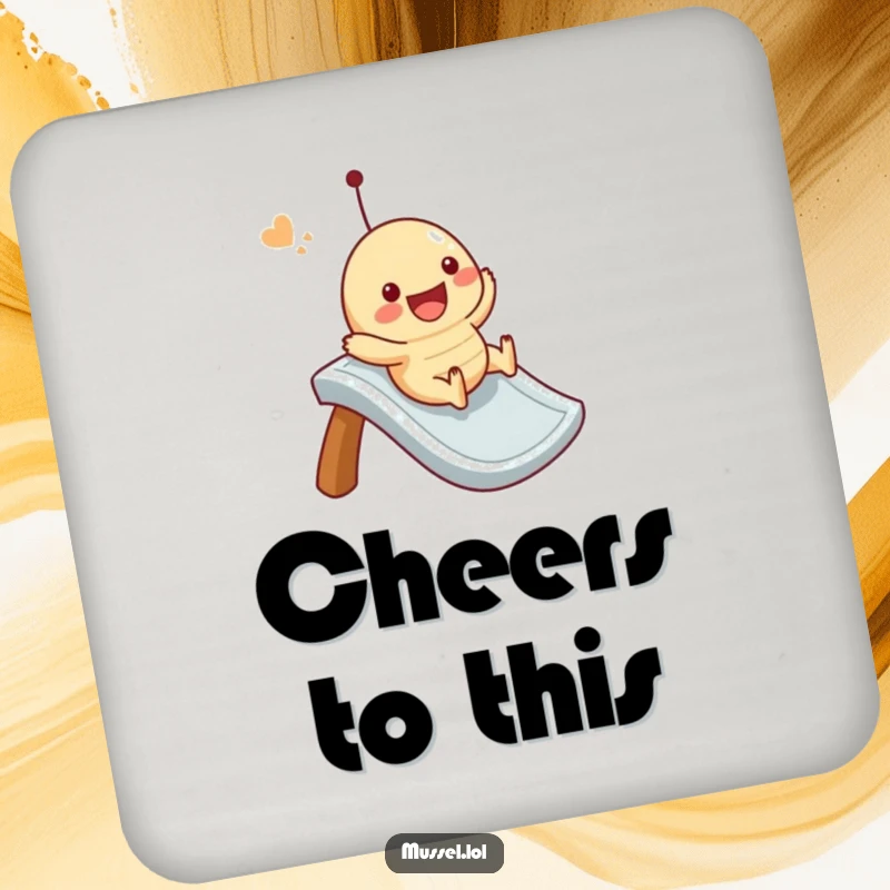 Funny mussel drink coaster showcasing a character joyfully sliding down an imaginary slide, protecting surfaces with style.