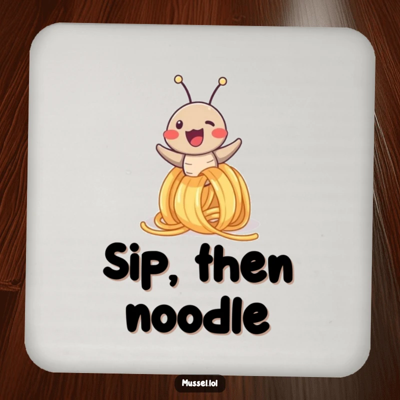 Funny drink coasters featuring a joyful mussel character sliding down a spaghetti noodle, adding humor and protection to any surface.