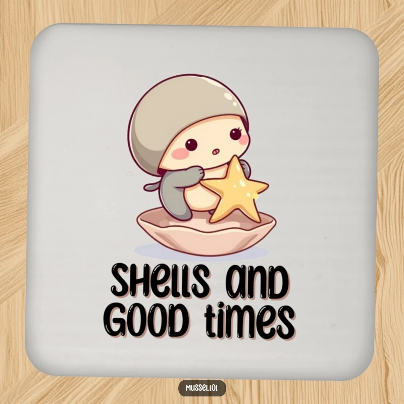 Funny mussel coaster showing a mussel character trying to balance a starfish on its shell, a charming addition to any drink setup.