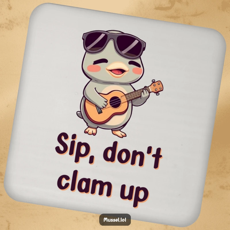 Funny Mussel Coaster: A cool mussel character with sunglasses plays a tiny ukulele, providing humor for drink protection.