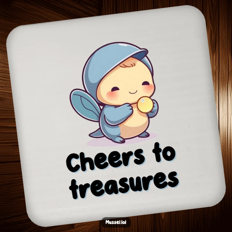Funny drink coasters featuring a mussel character holding a small, shiny pearl, offering elegant charm and surface protection.
