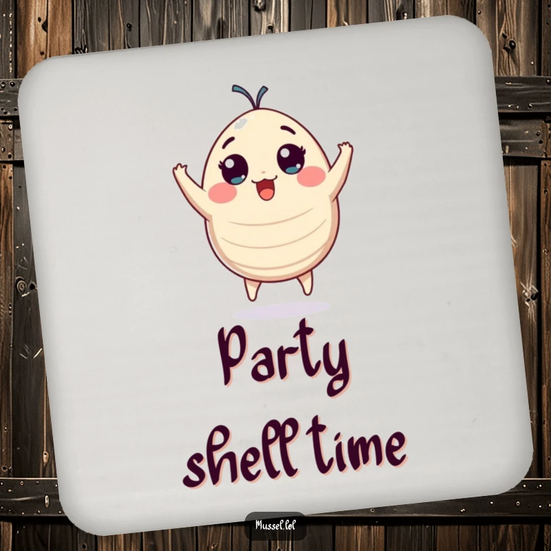 Funny plump mussel character with wide eyes jumping with pure excitement, a set of humorous drink coasters.