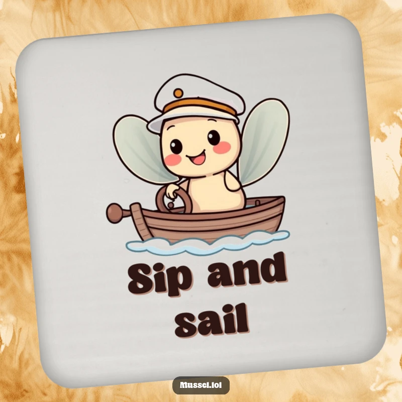 Funny Coaster: A smiling mussel character in a sailor hat steering a boat, adding nautical humor and surface protection.
