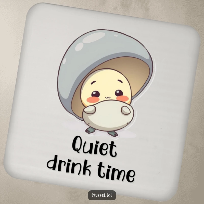 Funny shy mussel character peeking from behind a larger mussel, depicted on a drink coaster for humorous protection.